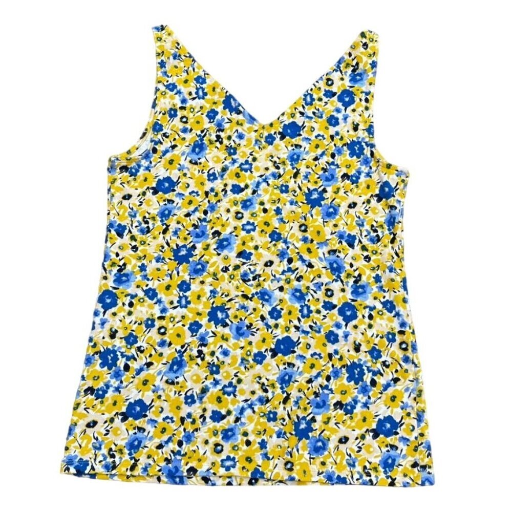 Ann Taylor Women Cotton/Spandex Floral Yellow & Blue Sleeveless V-Neck Top L - Picture 2 of 9